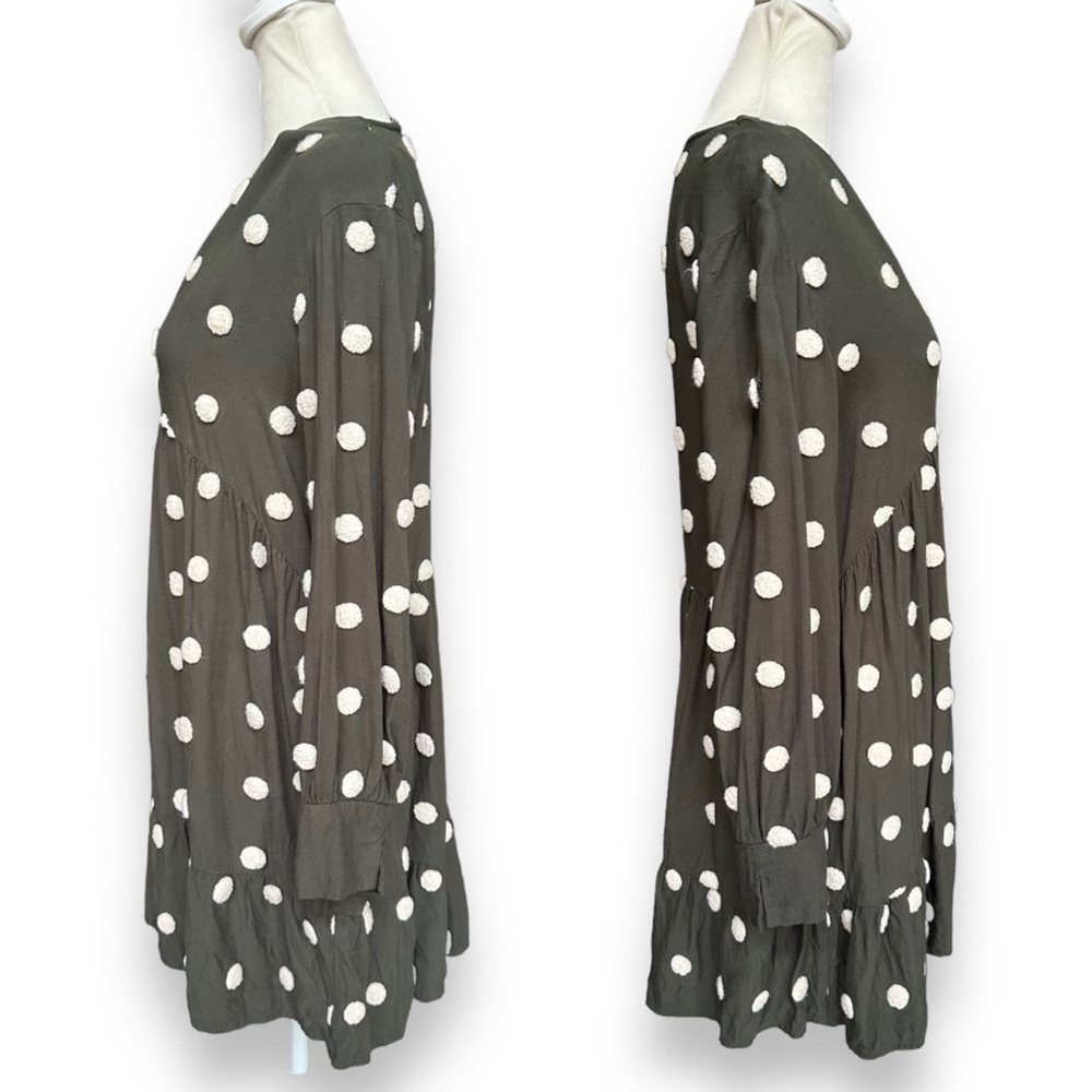 Zara Khaki Green Embroidered Polka Dot Long Sleeve Baby-Doll Dress | Medium - Picture 9 of 14